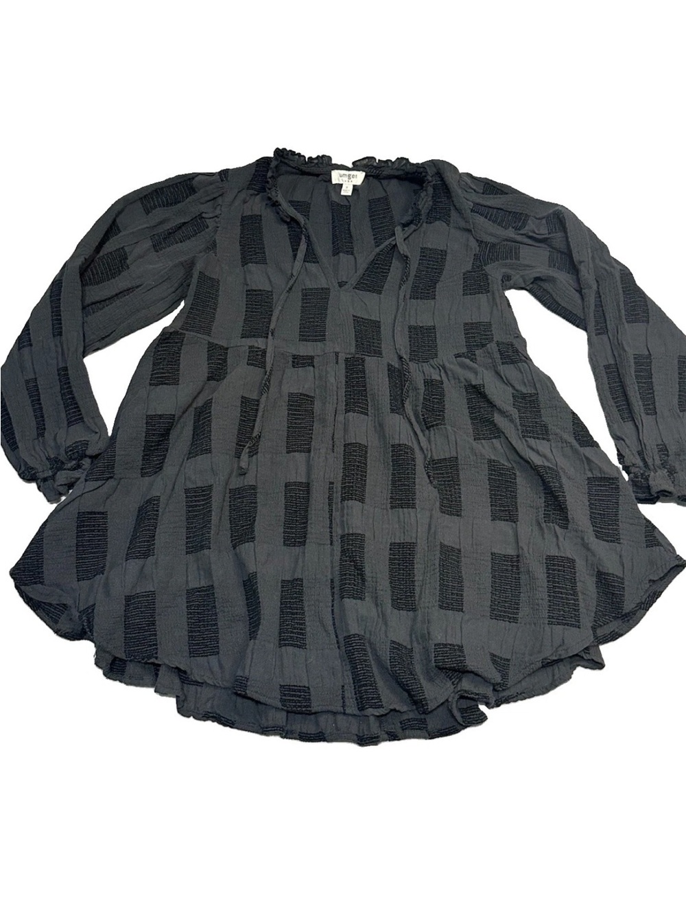 Umgee Women’s S Chenille Babydoll Top Textured Grid Pattern V-Neck Tie Flowy Blk